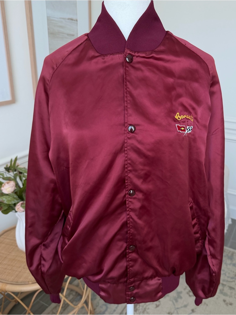 Vintage 70s 80s Westark Corvette Burgundy Satin Bomber Jacket USA Made L